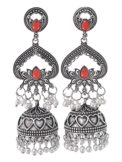 Partywear-earrings,chandeliar,partywear,Kashmiri earring,JHUMAR-OXOJMK-JRV-3STP-LOTUS-RED