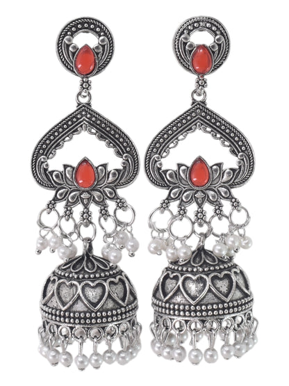 Partywear-earrings,chandeliar,partywear,Kashmiri earring,JHUMAR-OXOJMK-JRV-3STP-LOTUS-RED