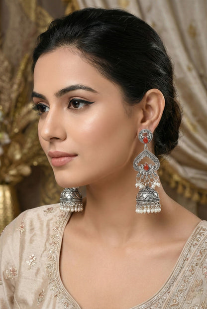 Silver Plated, Stylish Oxidised Lotus Motif Jhumka Earrings for Women and Girls, Traditional Ethnic Pearl Drop Wedding Festive Party Jewellery, Traditional Floral Design Red Coloured Ethnic Earring