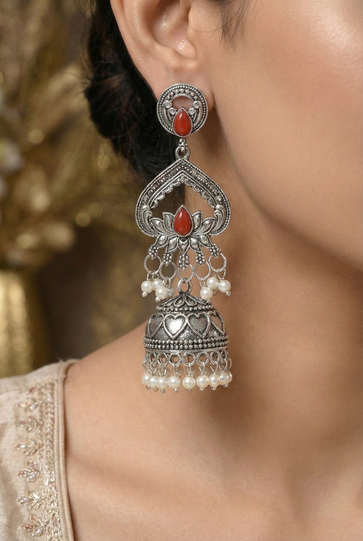 Partywear-earrings,chandeliar,partywear,Kashmiri earring,JHUMAR-OXOJMK-JRV-3STP-LOTUS-RED