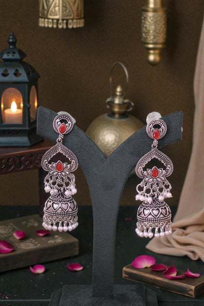 Silver Plated, Stylish Oxidised Lotus Motif Jhumka Earrings for Women and Girls, Traditional Ethnic Pearl Drop Wedding Festive Party Jewellery, Traditional Floral Design Red Coloured Ethnic Earring