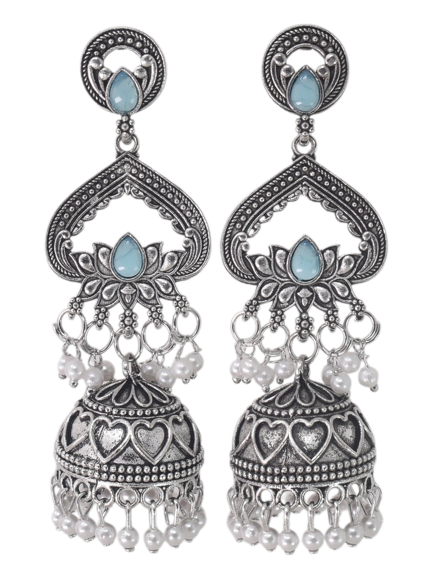 Partywear-earrings,chandeliar,partywear,Kashmiri earring,JHUMAR-OXOJMK-JRV-3STP-LOTUS-SBLU