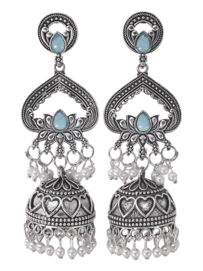 Partywear-earrings,chandeliar,partywear,Kashmiri earring,JHUMAR-OXOJMK-JRV-3STP-LOTUS-SBLU