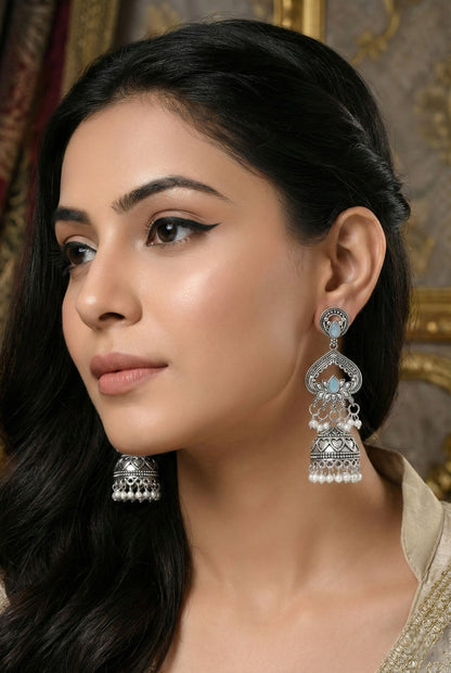 Partywear-earrings,chandeliar,partywear,Kashmiri earring,JHUMAR-OXOJMK-JRV-3STP-LOTUS-SBLU