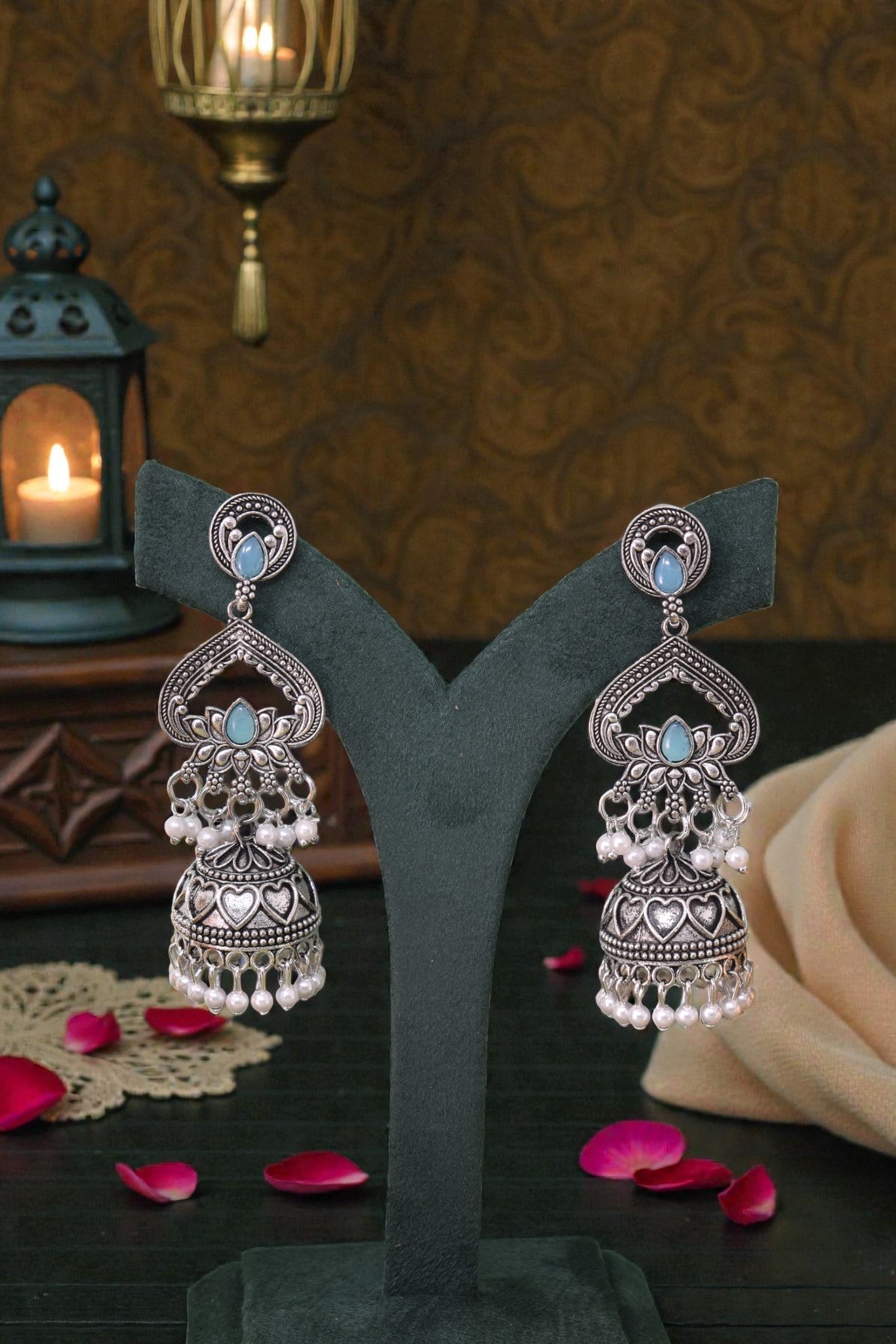 Partywear-earrings,chandeliar,partywear,Kashmiri earring,JHUMAR-OXOJMK-JRV-3STP-LOTUS-SBLU