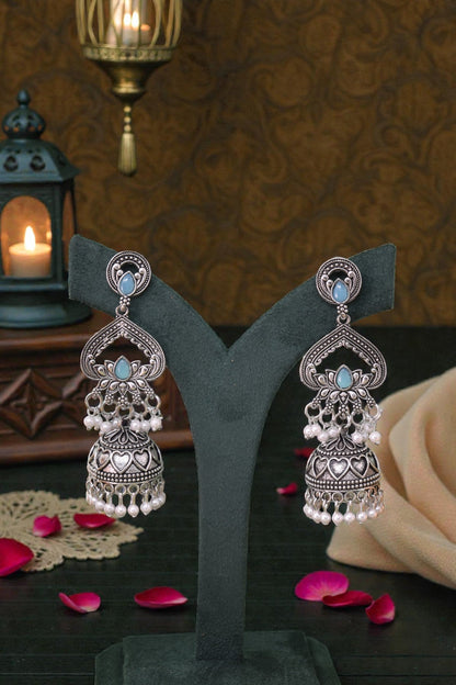 Partywear-earrings,chandeliar,partywear,Kashmiri earring,JHUMAR-OXOJMK-JRV-3STP-LOTUS-SBLU