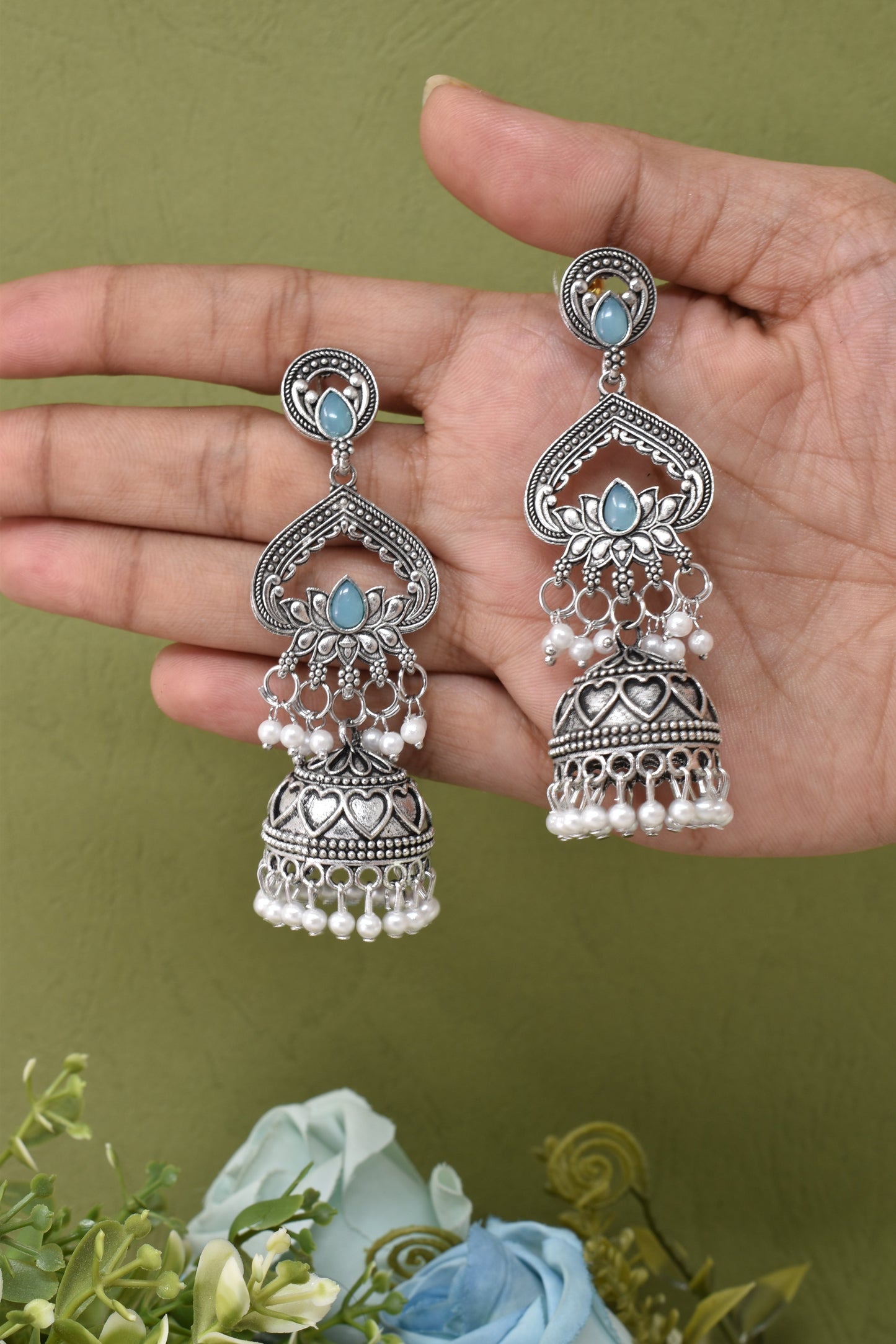 Partywear-earrings,chandeliar,partywear,Kashmiri earring,JHUMAR-OXOJMK-JRV-3STP-LOTUS-SBLU