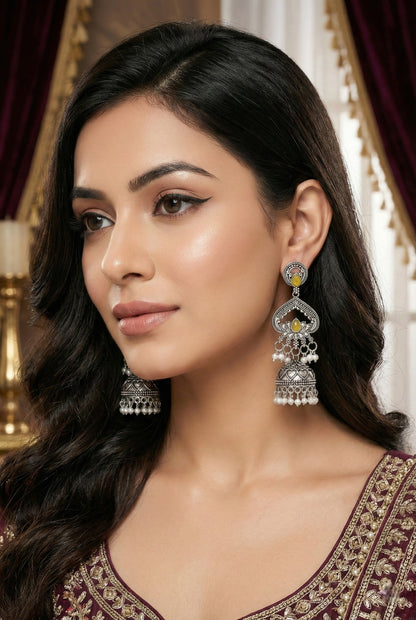 Silver Plated, Stylish Oxidised Lotus Motif Jhumka Earrings for Women & Girls, Traditional Ethnic Pearl Drop Wedding Festive Party Jewellery, Traditional Floral Design yellow Coloured Ethnic Earring