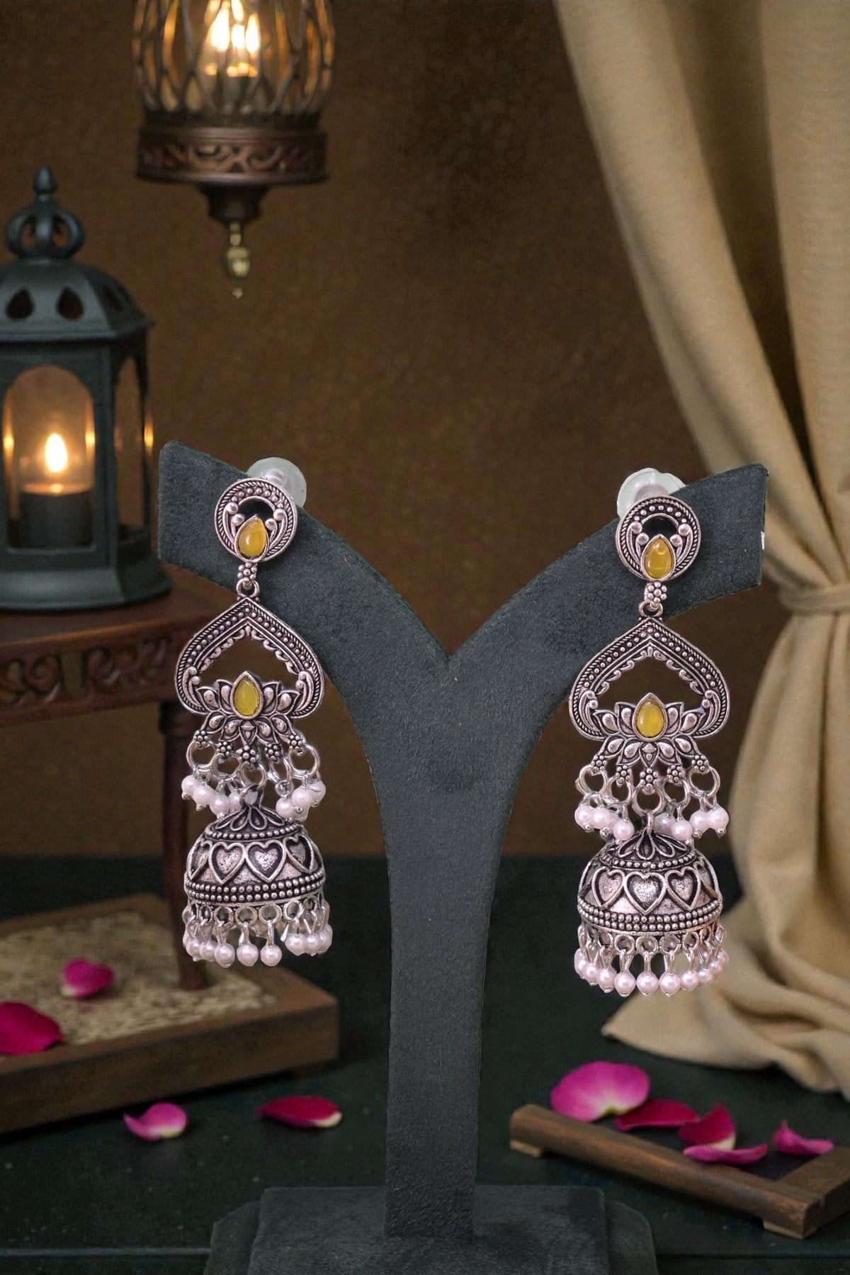 Silver Plated, Stylish Oxidised Lotus Motif Jhumka Earrings for Women & Girls, Traditional Ethnic Pearl Drop Wedding Festive Party Jewellery, Traditional Floral Design yellow Coloured Ethnic Earring