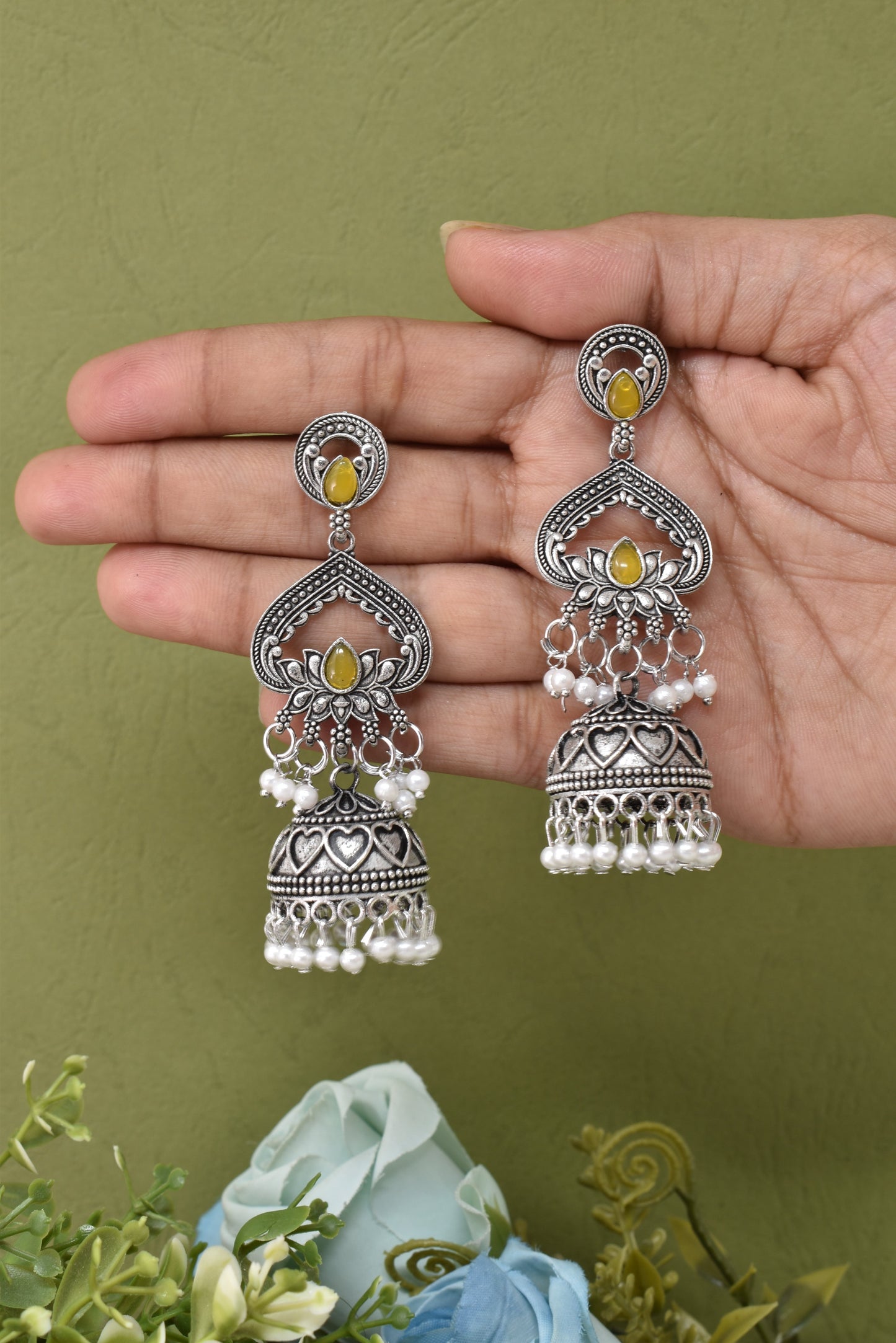 Partywear-earrings,chandeliar,partywear,Kashmiri earring,JHUMAR-OXOJMK-JRV-3STP-LOTUS-YLW