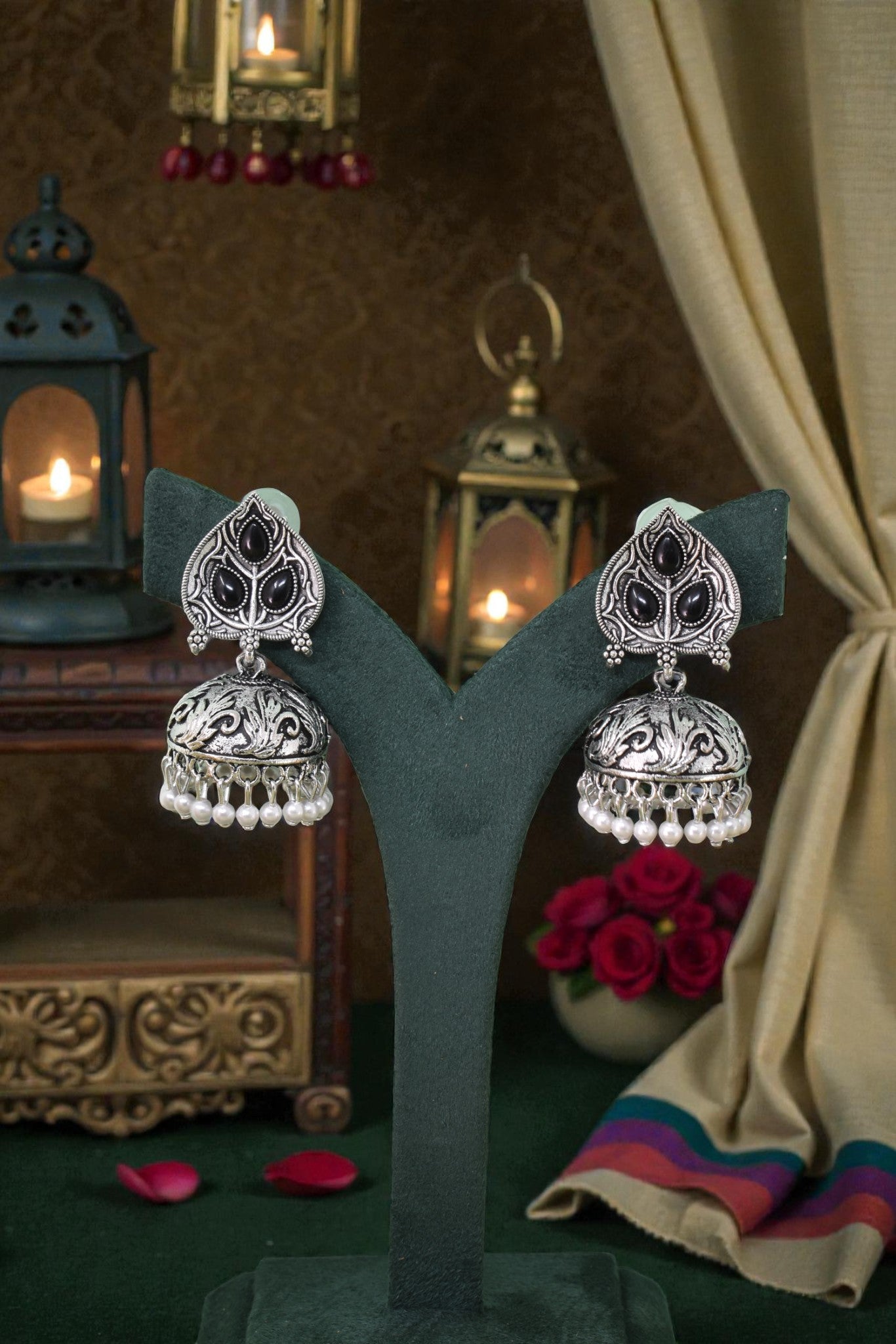 Partywear-earrings,chandeliar,partywear,Kashmiri earring,JHUMAR-OXOJMK-JRV-PAAN-BLK