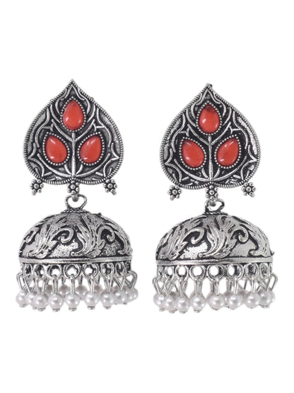 Silver Plated, Stylish Oxidised Paan Motif Jhumka Earrings for Women and Girls, Traditional Ethnic Pearl Drop Wedding Festive Party Jewellery, Traditional Leaf Design Red Coloured Ethnic Earring