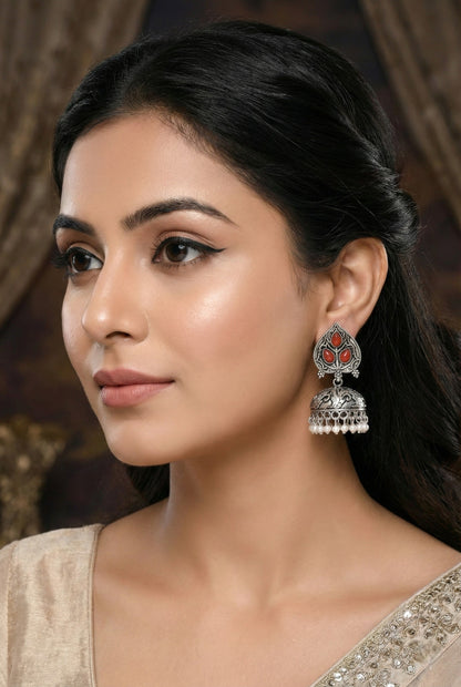 Silver Plated, Stylish Oxidised Paan Motif Jhumka Earrings for Women and Girls, Traditional Ethnic Pearl Drop Wedding Festive Party Jewellery, Traditional Leaf Design Red Coloured Ethnic Earring