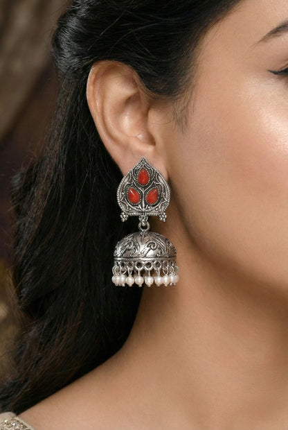 Silver Plated, Stylish Oxidised Paan Motif Jhumka Earrings for Women and Girls, Traditional Ethnic Pearl Drop Wedding Festive Party Jewellery, Traditional Leaf Design Red Coloured Ethnic Earring