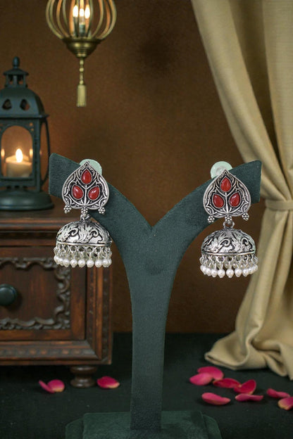 Silver Plated, Stylish Oxidised Paan Motif Jhumka Earrings for Women and Girls, Traditional Ethnic Pearl Drop Wedding Festive Party Jewellery, Traditional Leaf Design Red Coloured Ethnic Earring
