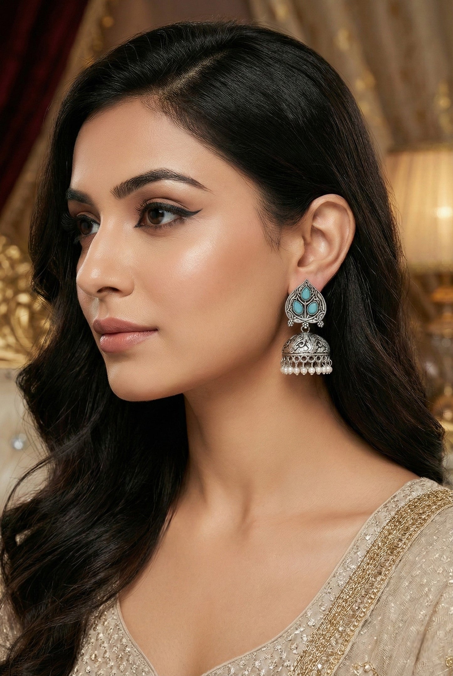 Partywear-earrings,chandeliar,partywear,Kashmiri earring,JHUMAR-OXOJMK-JRV-PAAN-SBLU