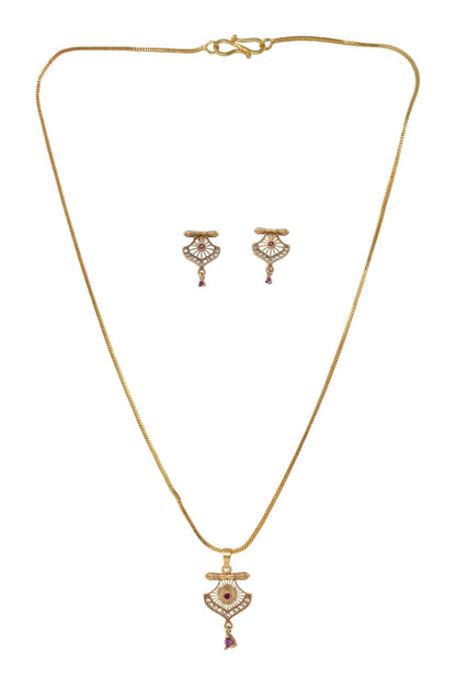 Gold Plated Stone Studded Pendant Necklace with Pink Center Accent for Women, Lightweight Party Jewellery for Festive, Wedding, Evening and Daily Styling with Premium Finish Chain-10