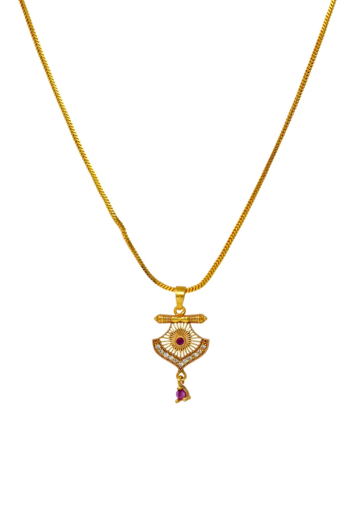 Gold Plated Stone Studded Pendant Necklace with Pink Center Accent for Women, Lightweight Party Jewellery for Festive, Wedding, Evening and Daily Styling with Premium Finish Chain-10
