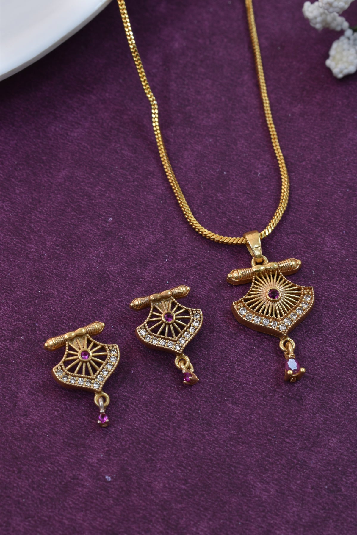 Gold Plated Stone Studded Pendant Necklace with Pink Center Accent for Women, Lightweight Party Jewellery for Festive, Wedding, Evening and Daily Styling with Premium Finish Chain-10