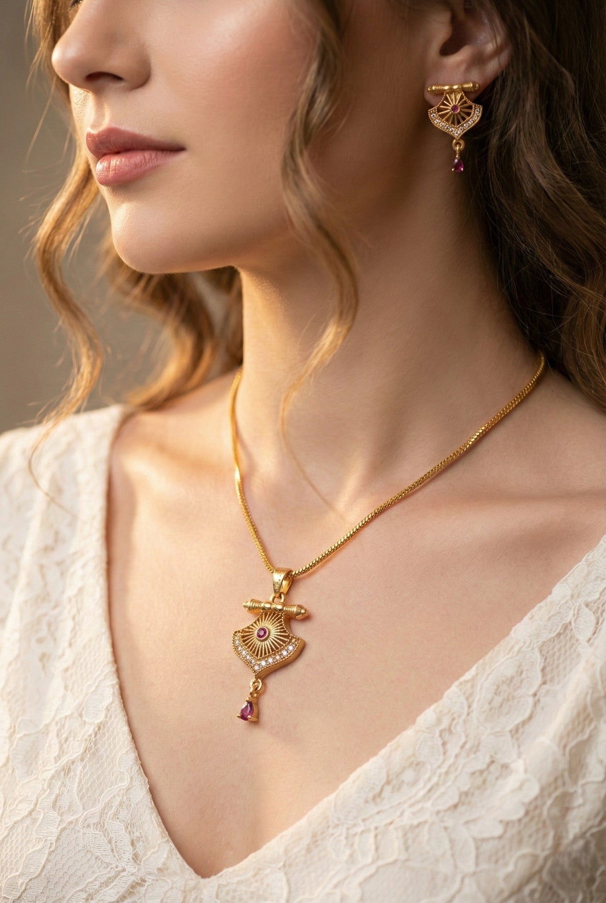 Gold Plated Stone Studded Pendant Necklace with Pink Center Accent for Women, Lightweight Party Jewellery for Festive, Wedding, Evening and Daily Styling with Premium Finish Chain-10