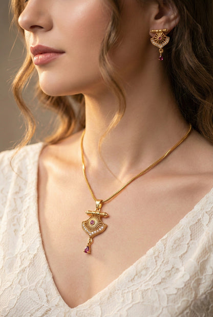 Gold Plated Stone Studded Pendant Necklace with Pink Center Accent for Women, Lightweight Party Jewellery for Festive, Wedding, Evening and Daily Styling with Premium Finish Chain-10
