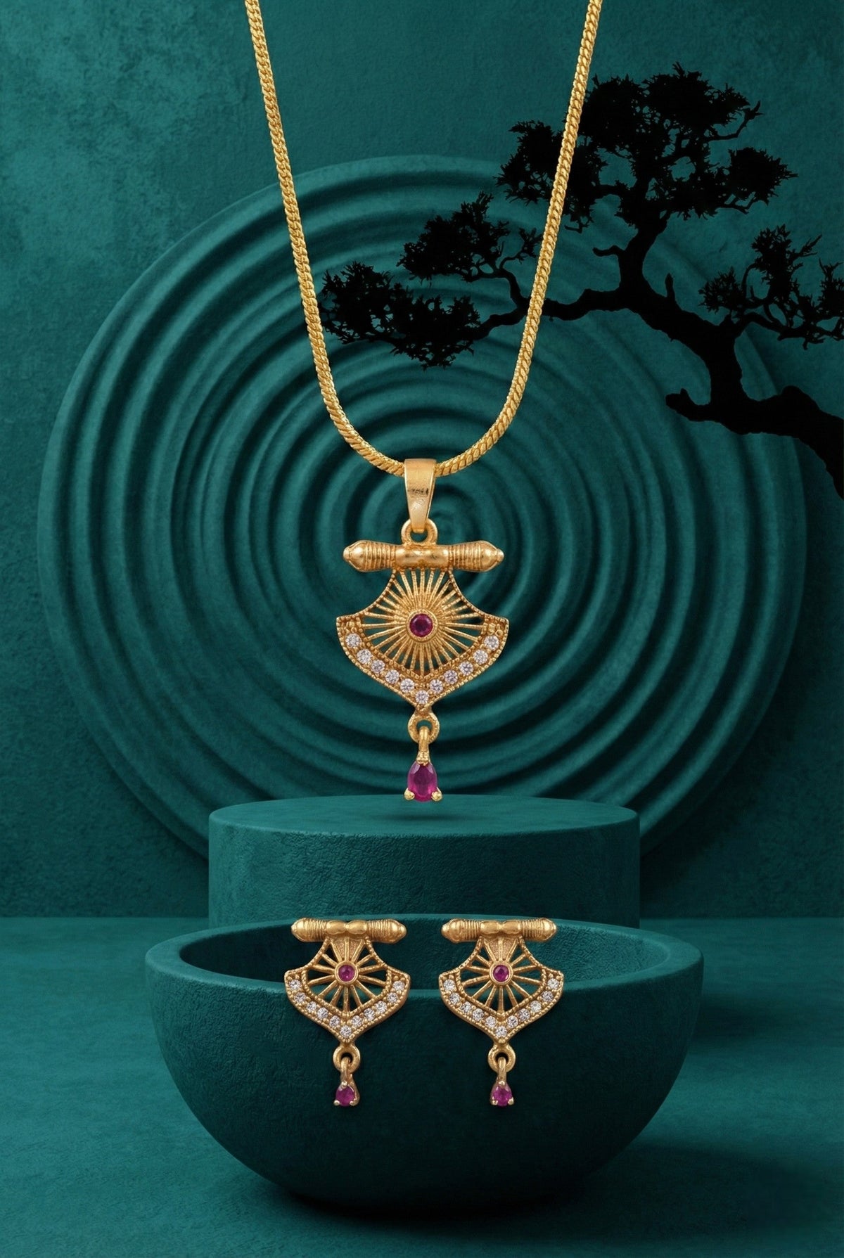 Gold Plated Stone Studded Pendant Necklace with Pink Center Accent for Women, Lightweight Party Jewellery for Festive, Wedding, Evening and Daily Styling with Premium Finish Chain-10
