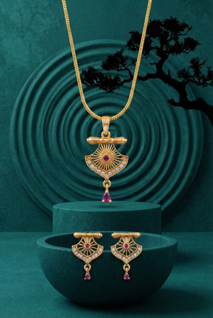 Gold Plated Stone Studded Pendant Necklace with Pink Center Accent for Women, Lightweight Party Jewellery for Festive, Wedding, Evening and Daily Styling with Premium Finish Chain-10