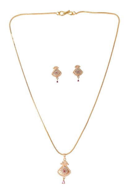 Gold Plated Stone Studded Pendant Necklace with Pink Center Accent for Women, Lightweight Party Jewellery for Festive, Wedding, Evening and Daily Styling with Premium Finish Chain-06