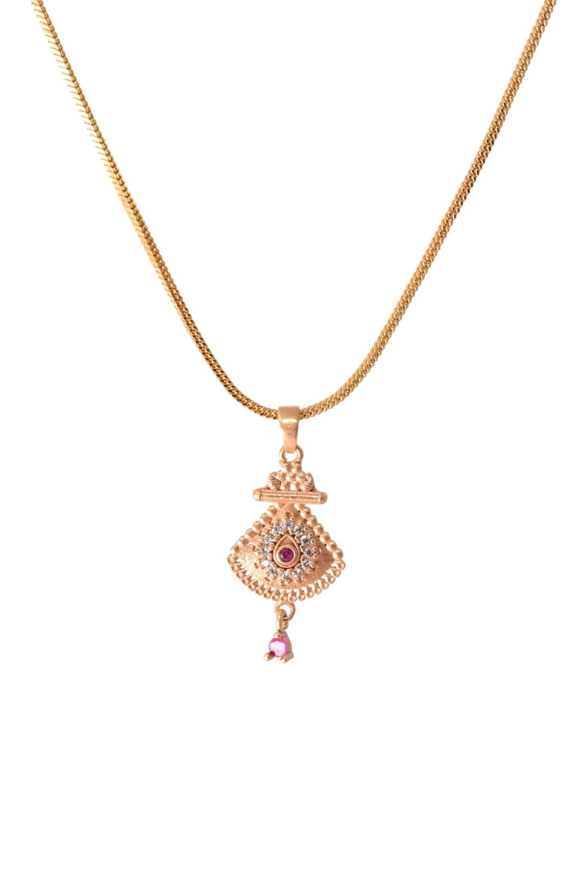 Gold Plated Stone Studded Pendant Necklace with Pink Center Accent for Women, Lightweight Party Jewellery for Festive, Wedding, Evening and Daily Styling with Premium Finish Chain-06