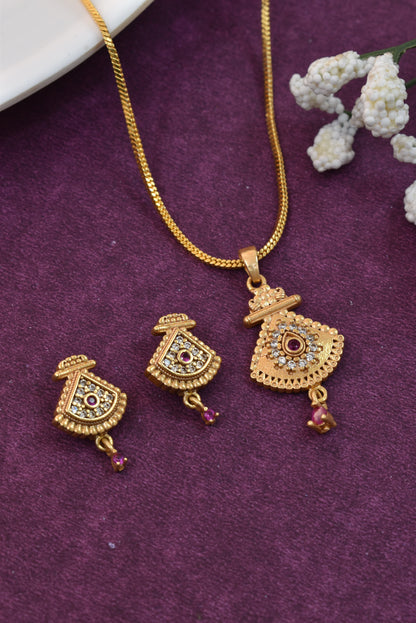 Gold Plated Stone Studded Pendant Necklace with Pink Center Accent for Women, Lightweight Party Jewellery for Festive, Wedding, Evening and Daily Styling with Premium Finish Chain-06