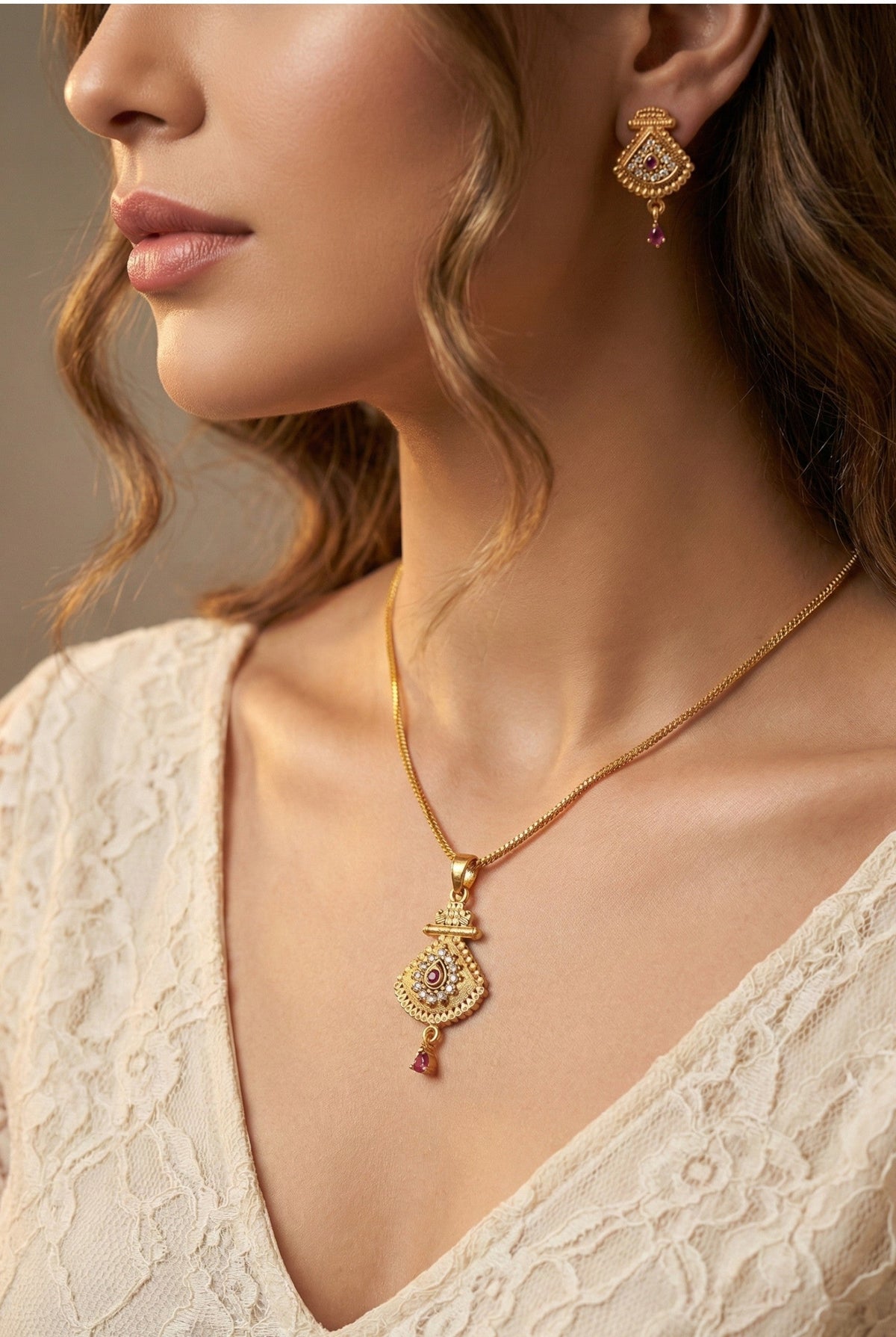 Gold Plated Stone Studded Pendant Necklace with Pink Center Accent for Women, Lightweight Party Jewellery for Festive, Wedding, Evening and Daily Styling with Premium Finish Chain-06