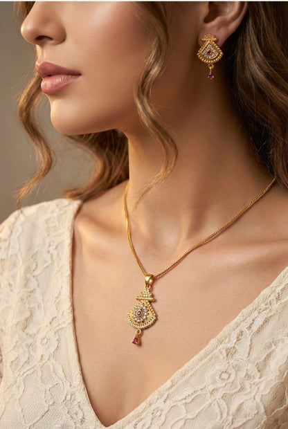 Gold Plated Stone Studded Pendant Necklace with Pink Center Accent for Women, Lightweight Party Jewellery for Festive, Wedding, Evening and Daily Styling with Premium Finish Chain-06