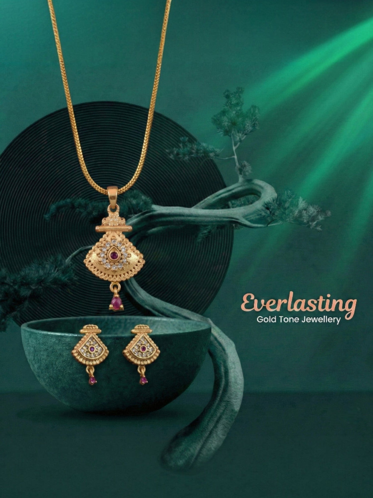 Gold Plated Stone Studded Pendant Necklace with Pink Center Accent for Women, Lightweight Party Jewellery for Festive, Wedding, Evening and Daily Styling with Premium Finish Chain-06