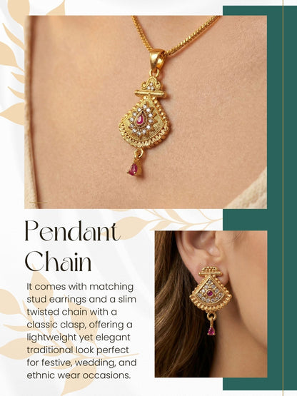 Gold Plated Stone Studded Pendant Necklace with Pink Center Accent for Women, Lightweight Party Jewellery for Festive, Wedding, Evening and Daily Styling with Premium Finish Chain-06