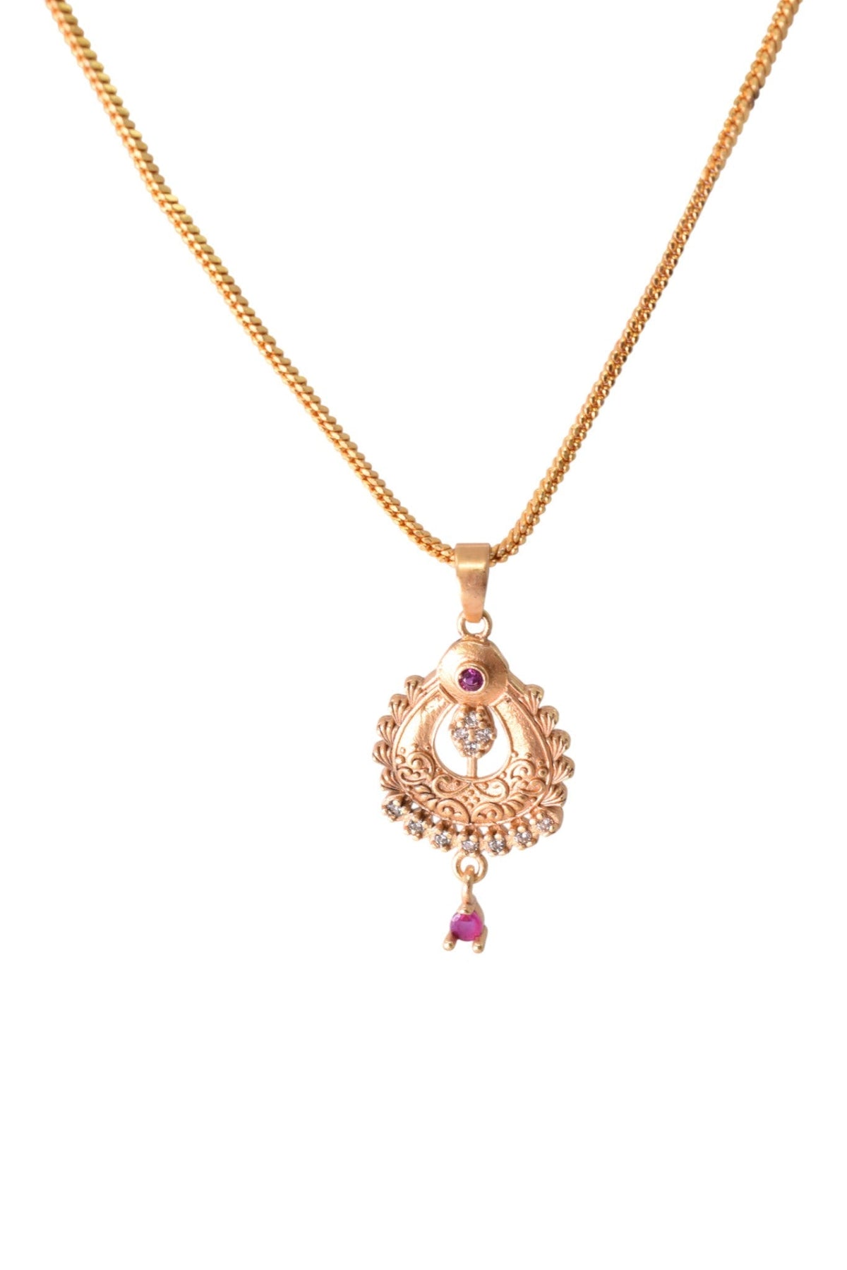 Gold Plated Stone Studded Pendant Necklace with Pink Center Accent for Women, Lightweight Party Jewellery for Festive, Wedding, Evening and Daily Styling with Premium Finish Chain-15