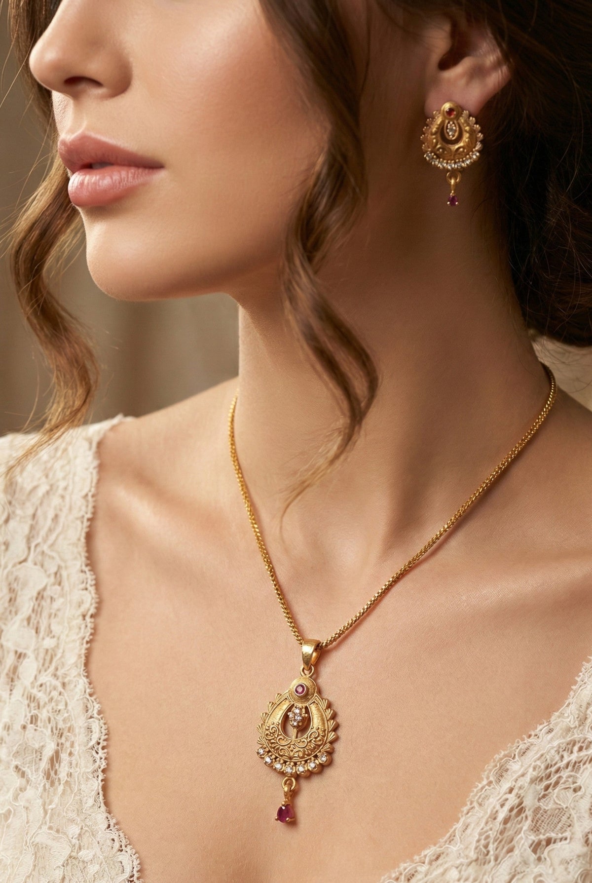 Gold Plated Stone Studded Pendant Necklace with Pink Center Accent for Women, Lightweight Party Jewellery for Festive, Wedding, Evening and Daily Styling with Premium Finish Chain-15
