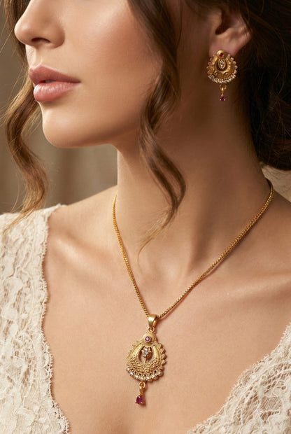 Gold Plated Stone Studded Pendant Necklace with Pink Center Accent for Women, Lightweight Party Jewellery for Festive, Wedding, Evening and Daily Styling with Premium Finish Chain-15
