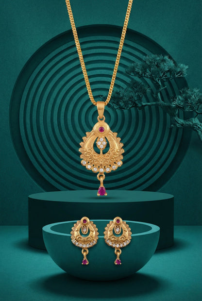 Gold Plated Stone Studded Pendant Necklace with Pink Center Accent for Women, Lightweight Party Jewellery for Festive, Wedding, Evening and Daily Styling with Premium Finish Chain-15