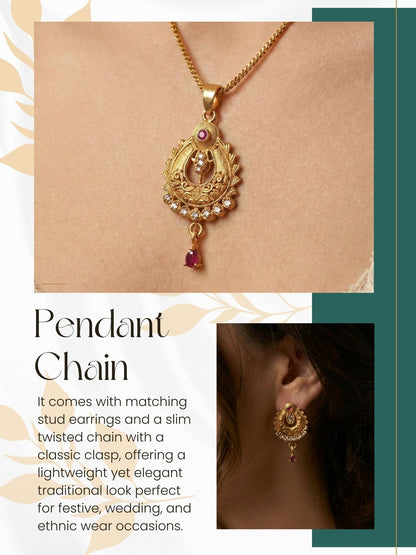 Gold Plated Stone Studded Pendant Necklace with Pink Center Accent for Women, Lightweight Party Jewellery for Festive, Wedding, Evening and Daily Styling with Premium Finish Chain-15