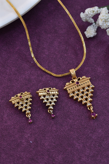Gold Plated Stone Studded Pendant Necklace with Pink Center Accent for Women, Lightweight Party Jewellery for Festive, Wedding, Evening and Daily Styling with Premium Finish Chain-02