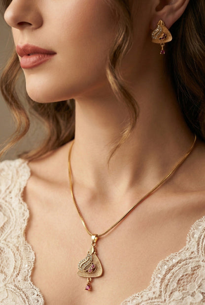 Gold Plated Stone Studded Pendant Necklace with Pink Center Accent for Women, Lightweight Party Jewellery for Festive, Wedding, Evening and Daily Styling with Premium Finish Chain-19