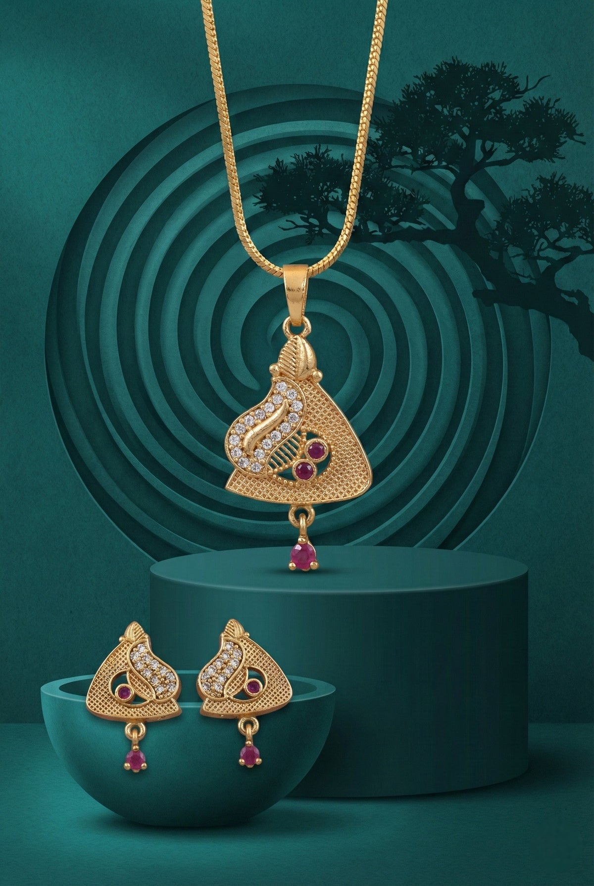 Gold Plated Stone Studded Pendant Necklace with Pink Center Accent for Women, Lightweight Party Jewellery for Festive, Wedding, Evening and Daily Styling with Premium Finish Chain-19