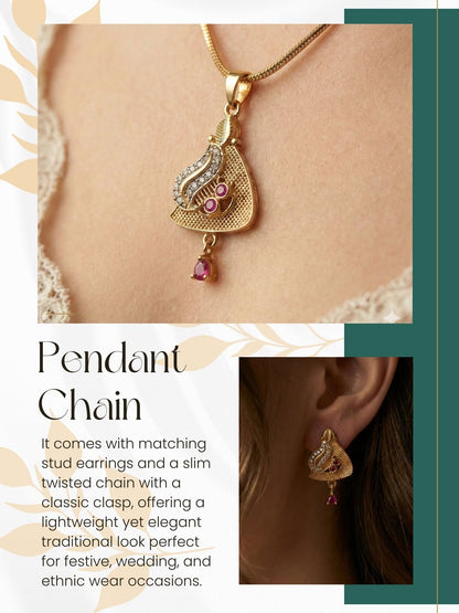 Gold Plated Stone Studded Pendant Necklace with Pink Center Accent for Women, Lightweight Party Jewellery for Festive, Wedding, Evening and Daily Styling with Premium Finish Chain-19