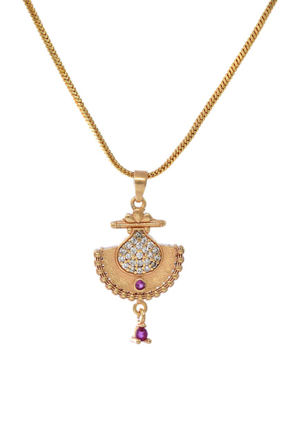 Gold Plated Stone Studded Pendant Necklace with Pink Center Accent for Women, Lightweight Party Jewellery for Festive, Wedding, Evening and Daily Styling with Premium Finish Chain-02