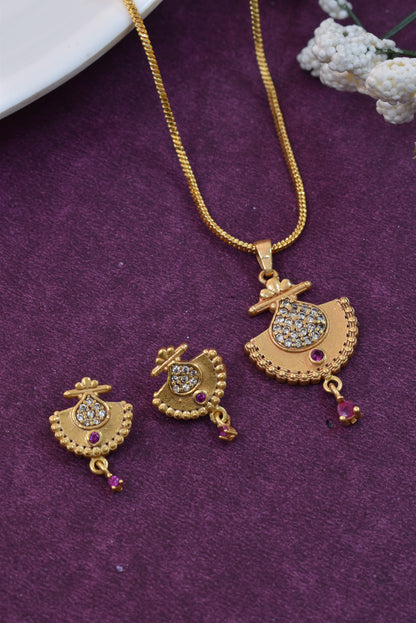 Gold Plated Stone Studded Pendant Necklace with Pink Center Accent for Women, Lightweight Party Jewellery for Festive, Wedding, Evening and Daily Styling with Premium Finish Chain-02