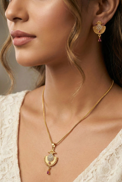Gold Plated Stone Studded Pendant Necklace with Pink Center Accent for Women, Lightweight Party Jewellery for Festive, Wedding, Evening and Daily Styling with Premium Finish Chain-02