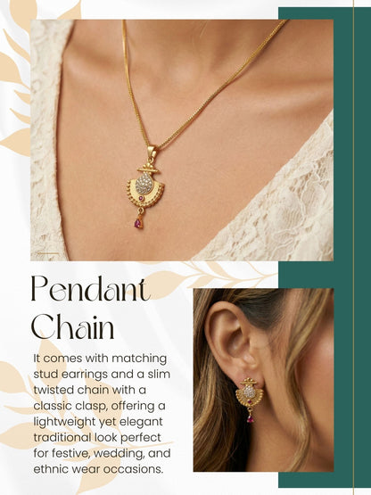 Gold Plated Stone Studded Pendant Necklace with Pink Center Accent for Women, Lightweight Party Jewellery for Festive, Wedding, Evening and Daily Styling with Premium Finish Chain-02
