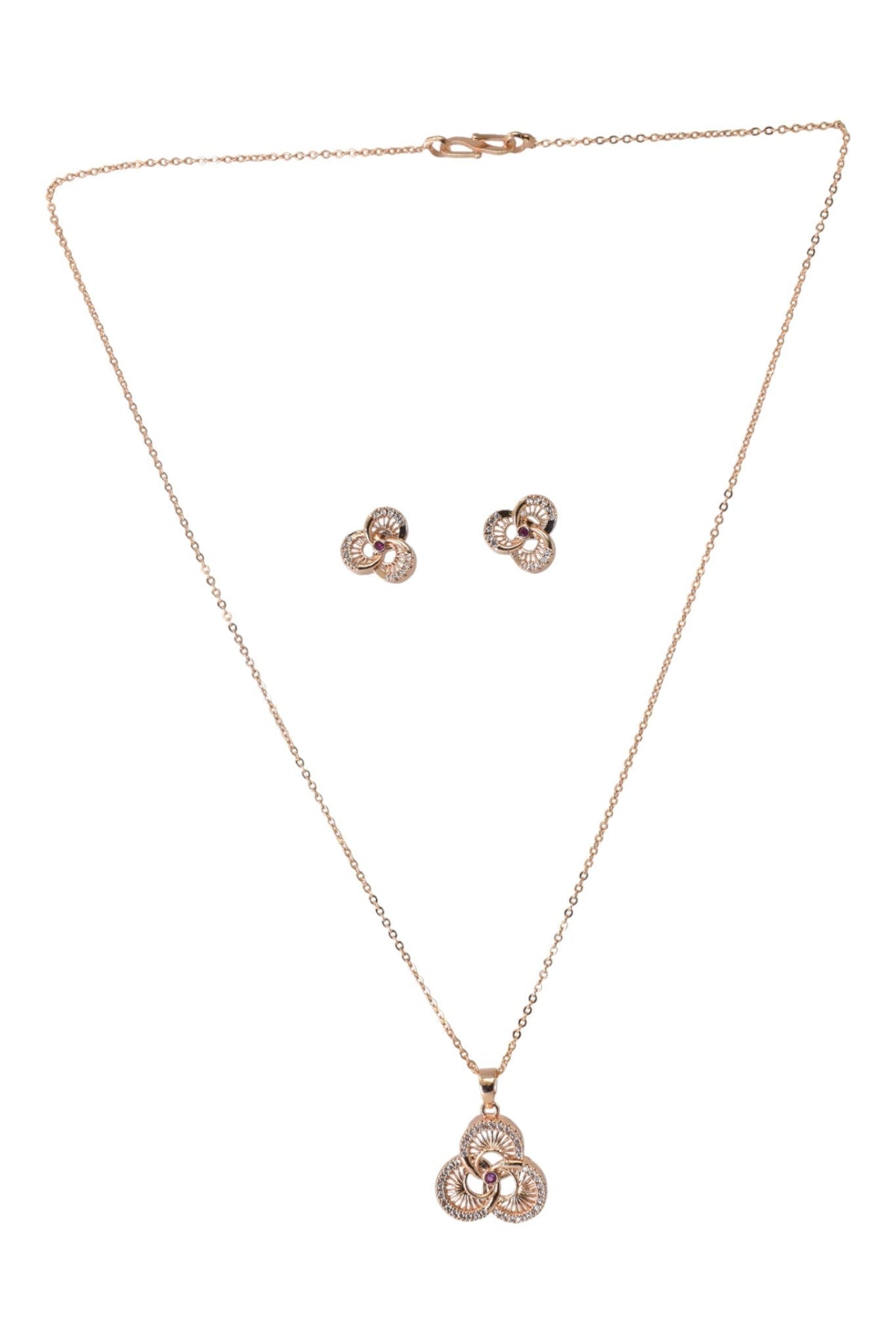 Rose Gold Plated Stone Studded Pendant Necklace with Pink Center Accent for Women, Lightweight Party Jewellery for Festive, Wedding, Evening, Daily Styling with Premium Finish Chain-02