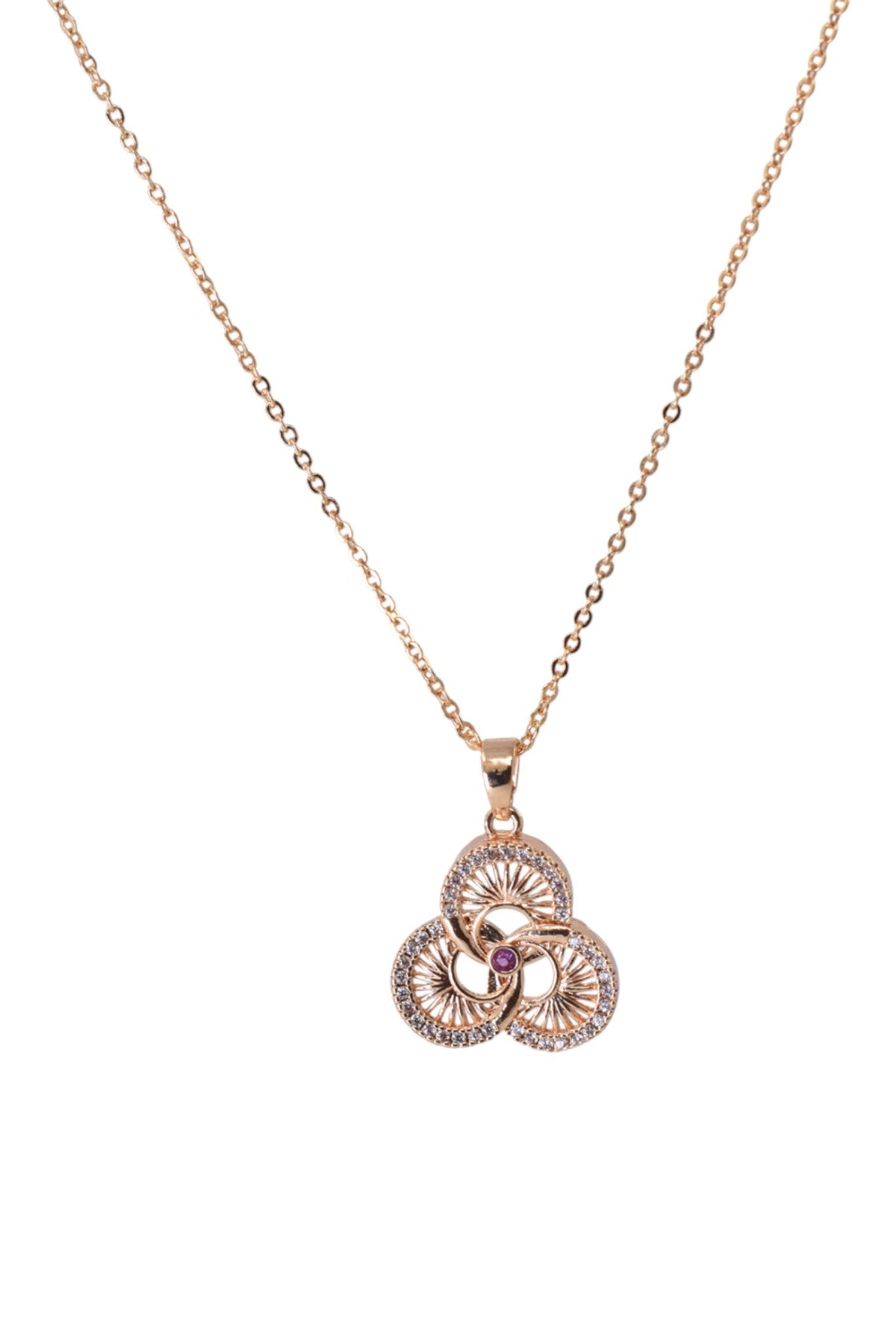 Rose Gold Plated Stone Studded Pendant Necklace with Pink Center Accent for Women, Lightweight Party Jewellery for Festive, Wedding, Evening, Daily Styling with Premium Finish Chain-02