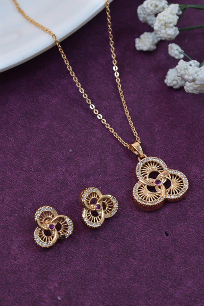 Rose Gold Plated Stone Studded Pendant Necklace with Pink Center Accent for Women, Lightweight Party Jewellery for Festive, Wedding, Evening, Daily Styling with Premium Finish Chain-02